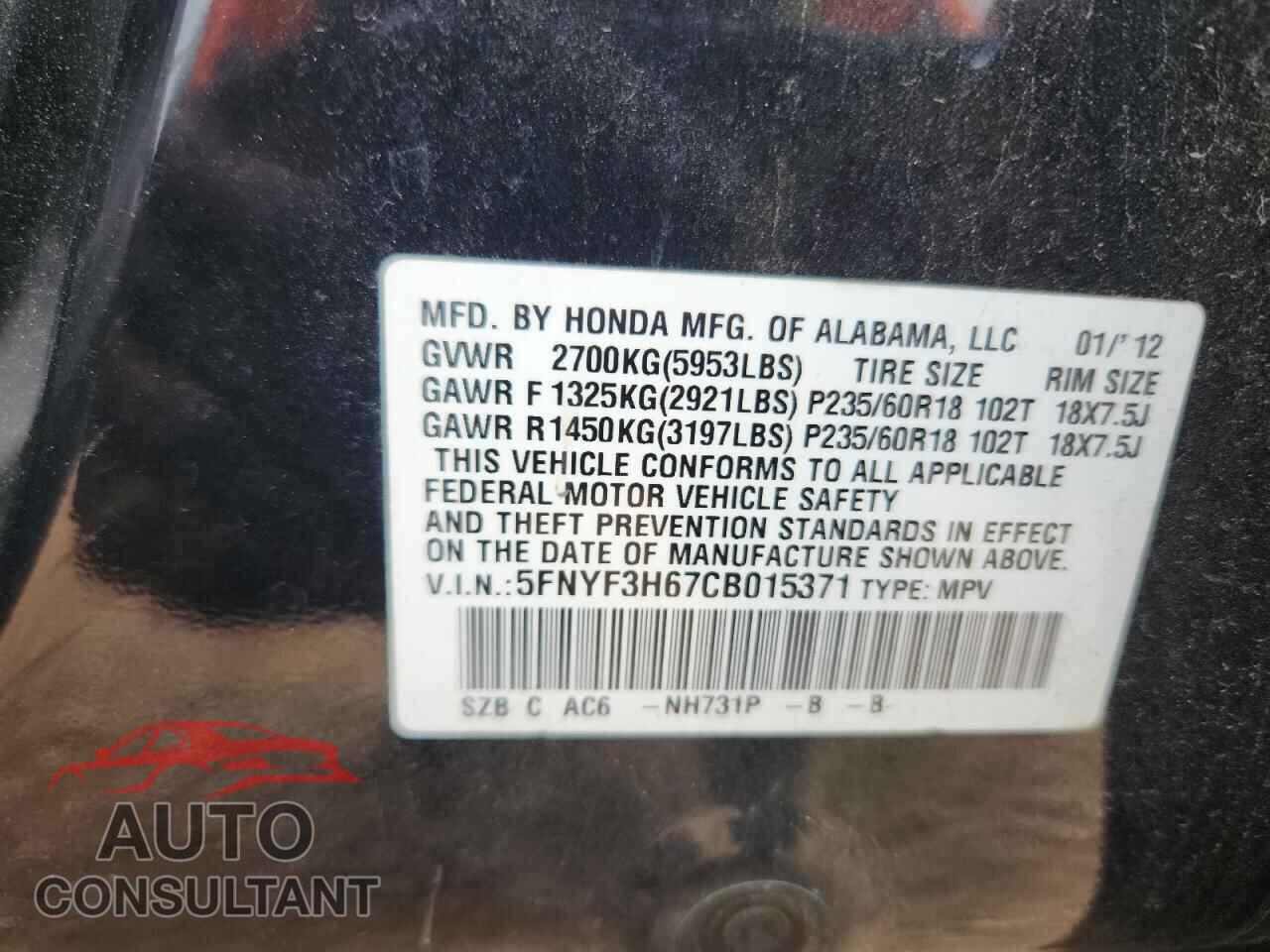 HONDA PILOT 2012 - 5FNYF3H67CB015371