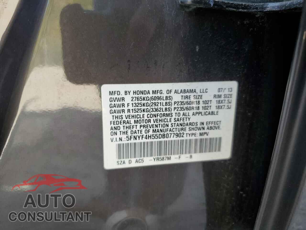 HONDA PILOT 2013 - 5FNYF4H55DB077902