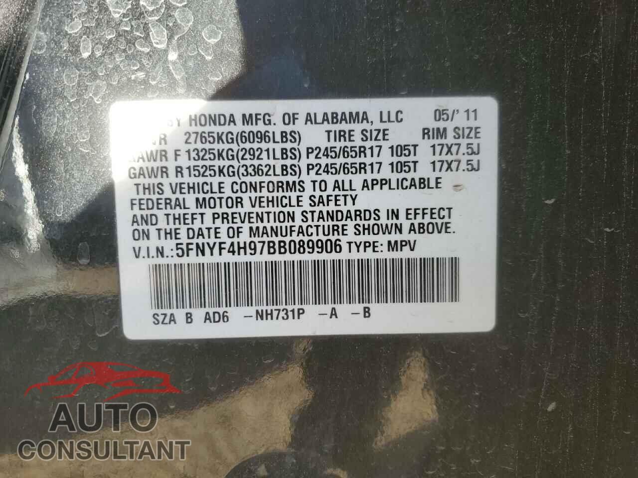 HONDA PILOT 2011 - 5FNYF4H97BB089906