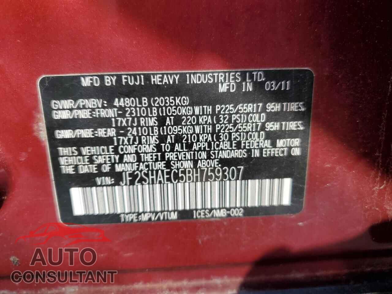 SUBARU FORESTER 2011 - JF2SHAEC5BH759307