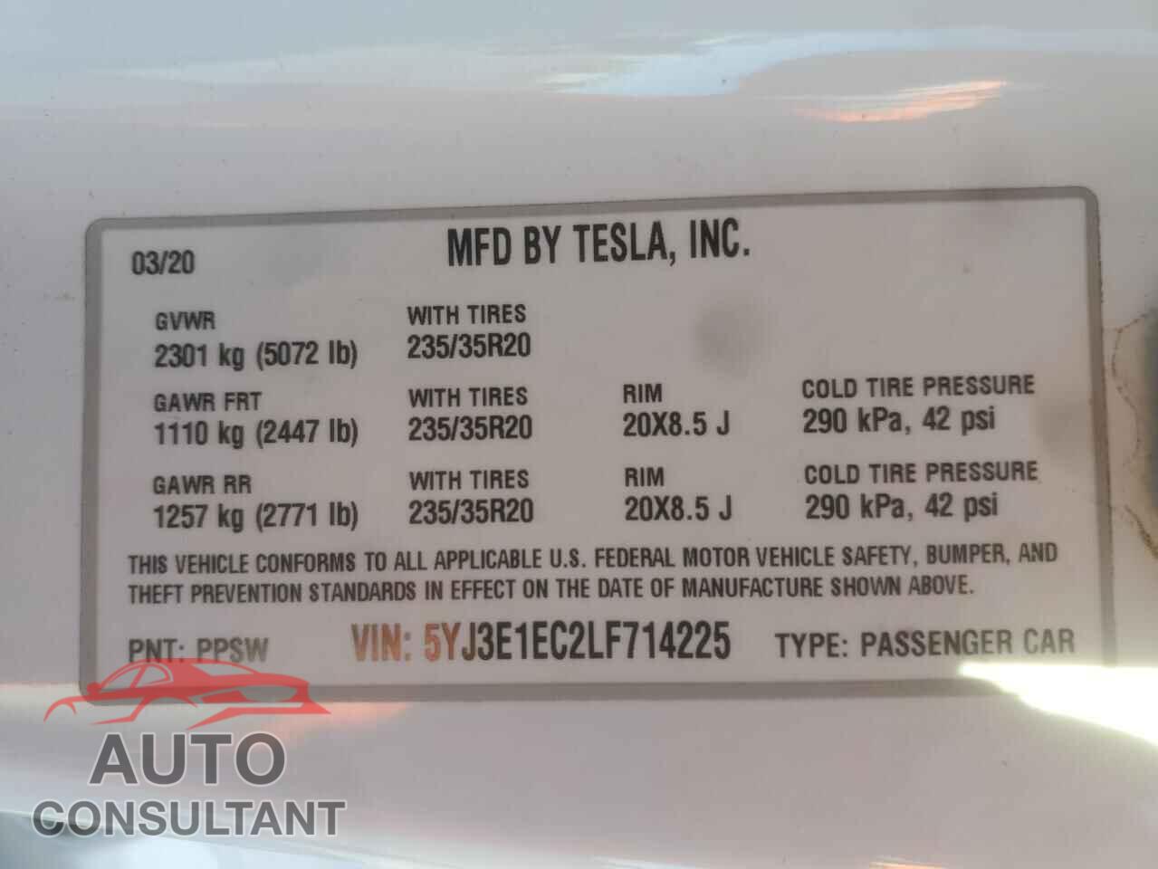 TESLA MODEL 3 2020 - 5YJ3E1EC2LF714225