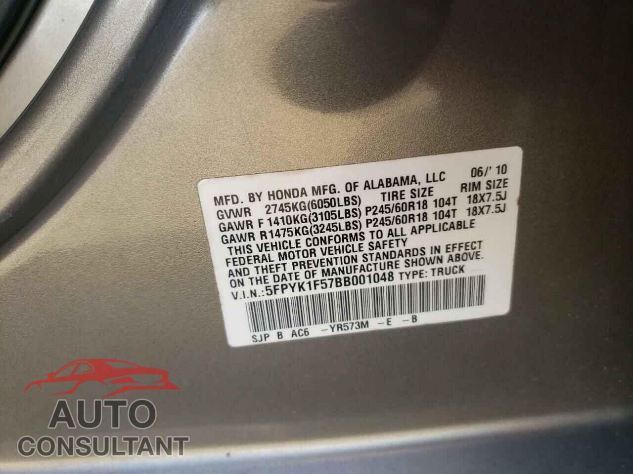 HONDA RIDGELINE 2011 - 5FPYK1F57BB001048