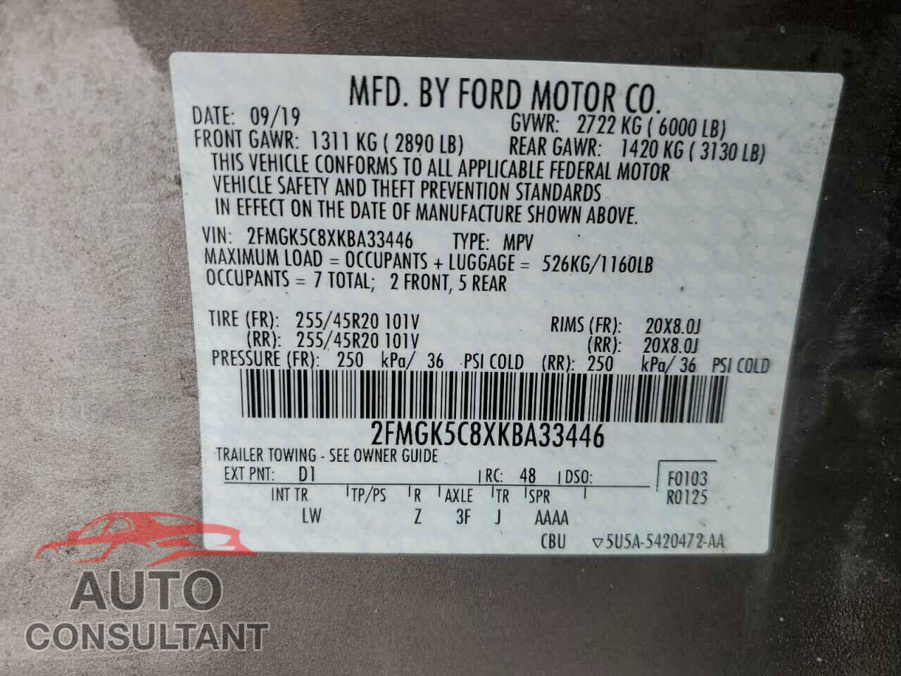 FORD FLEX 2019 - 2FMGK5C8XKBA33446