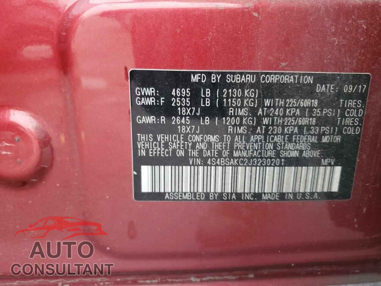 SUBARU OUTBACK 2018 - 4S4BSAKC2J3230201