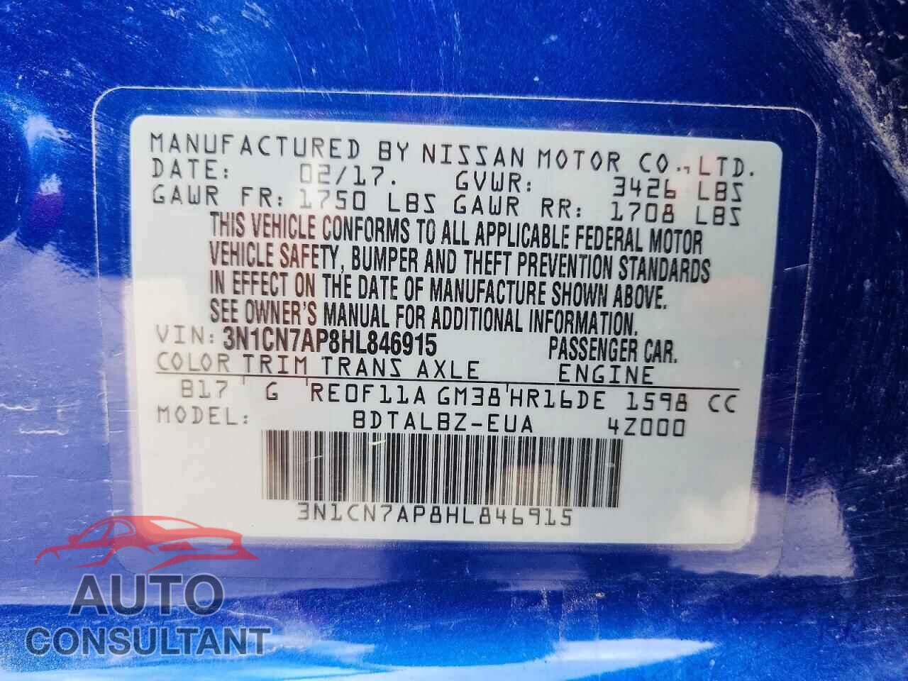 NISSAN VERSA 2017 - 3N1CN7AP8HL846915