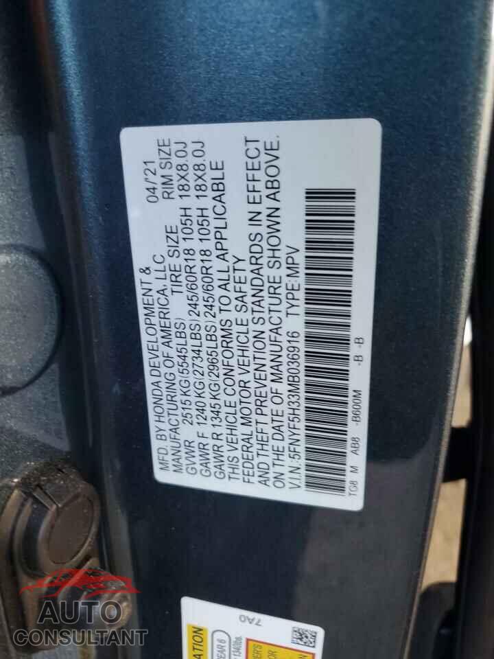 HONDA PILOT 2021 - 5FNYF5H33MB036916