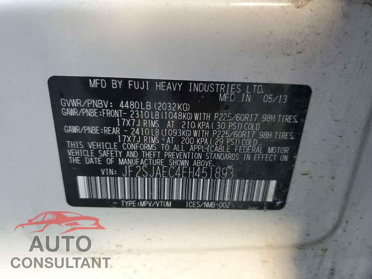 SUBARU FORESTER 2014 - JF2SJAEC4EH451893