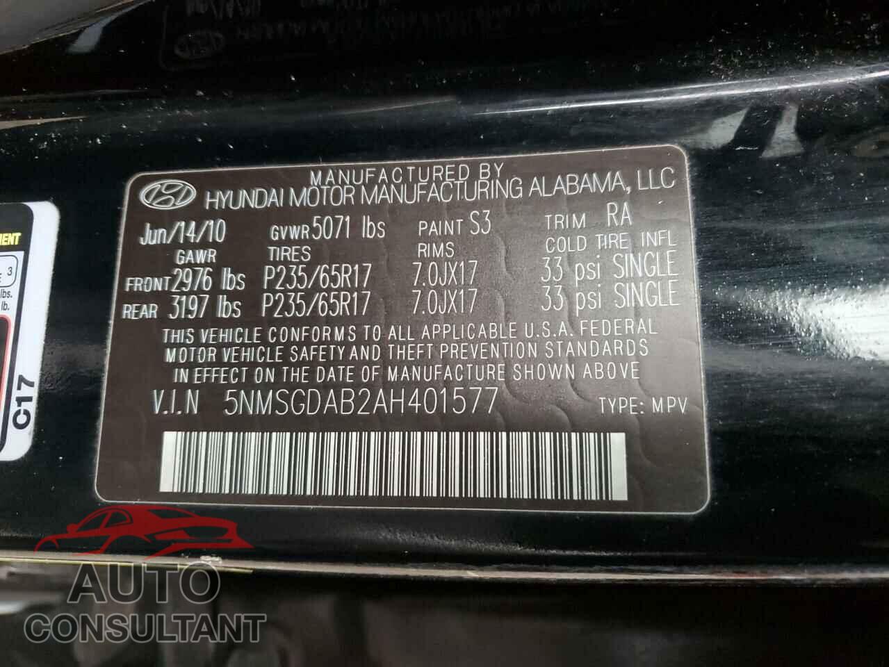 HYUNDAI SANTA FE 2010 - 5NMSGDAB2AH401577