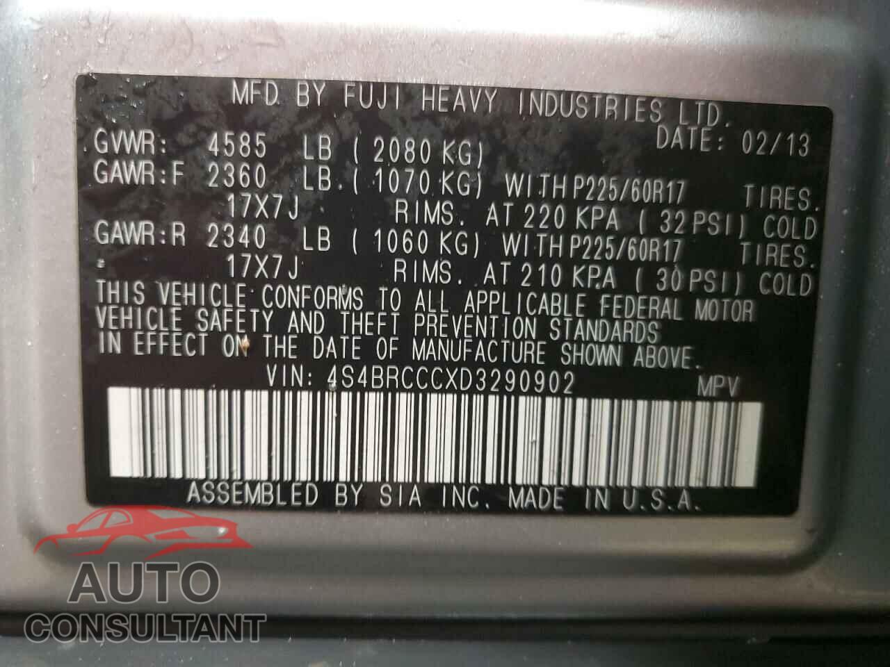 SUBARU OUTBACK 2013 - 4S4BRCCCXD3290902