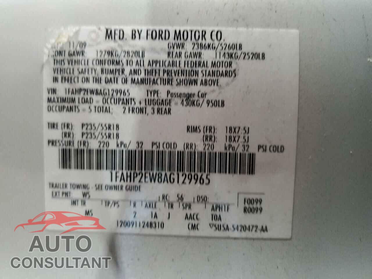 FORD TAURUS 2010 - 1FAHP2EW8AG129965