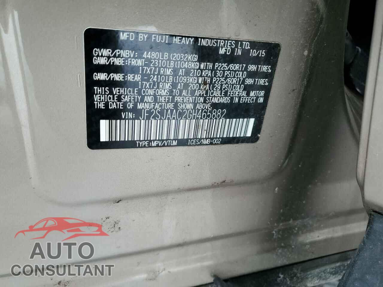 SUBARU FORESTER 2016 - JF2SJAAC2GH465882