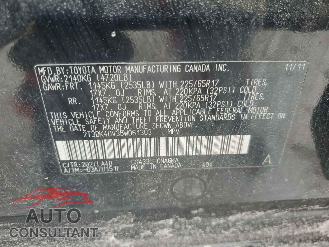 TOYOTA RAV4 2011 - 2T3DK4DV3BW061303