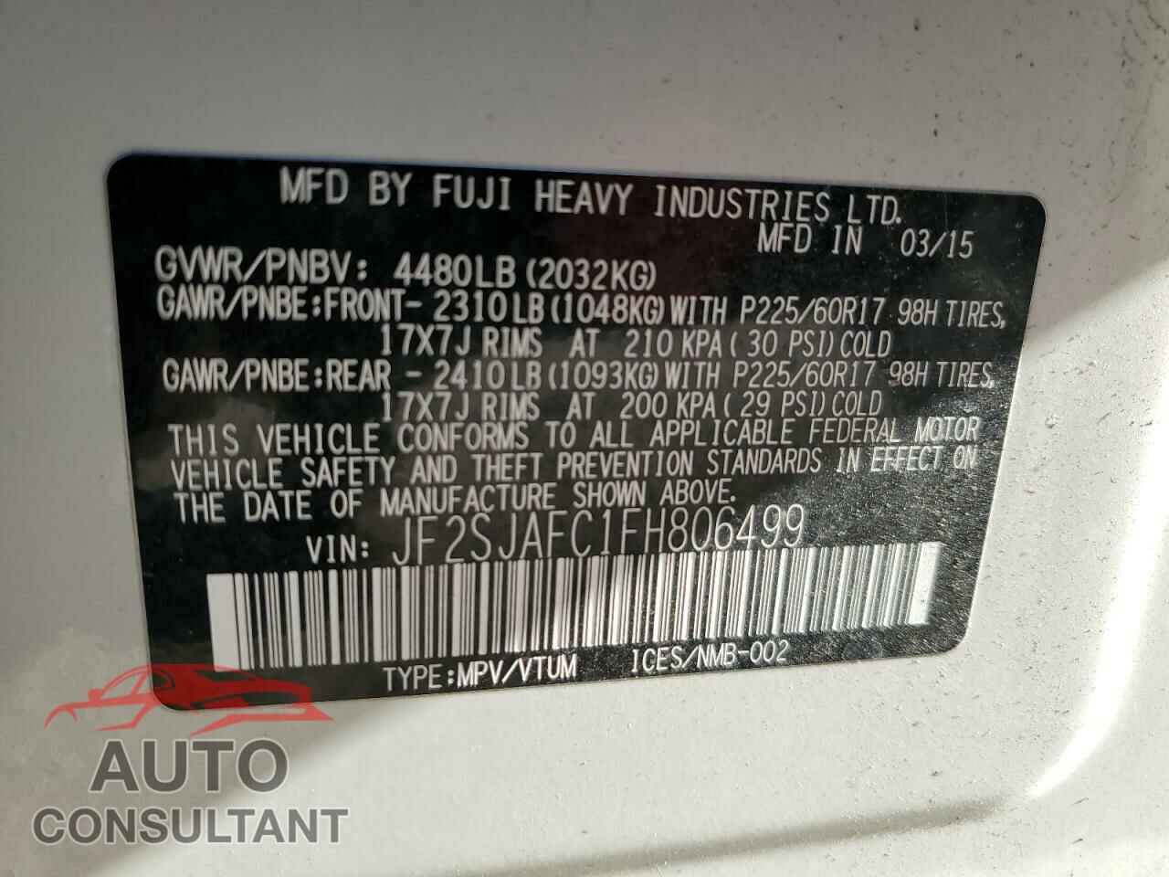 SUBARU FORESTER 2015 - JF2SJAFC1FH806499