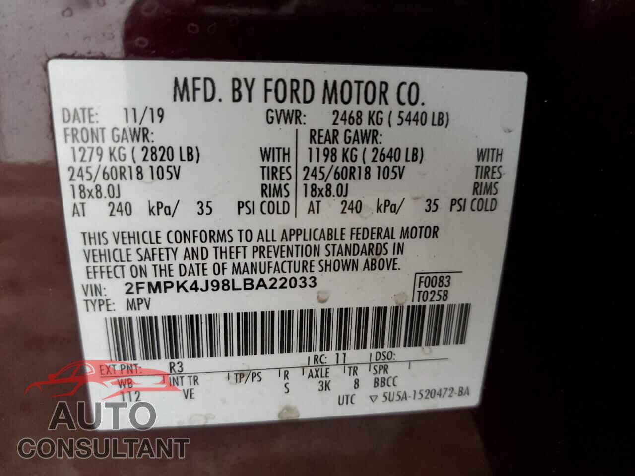 FORD EDGE 2020 - 2FMPK4J98LBA22033