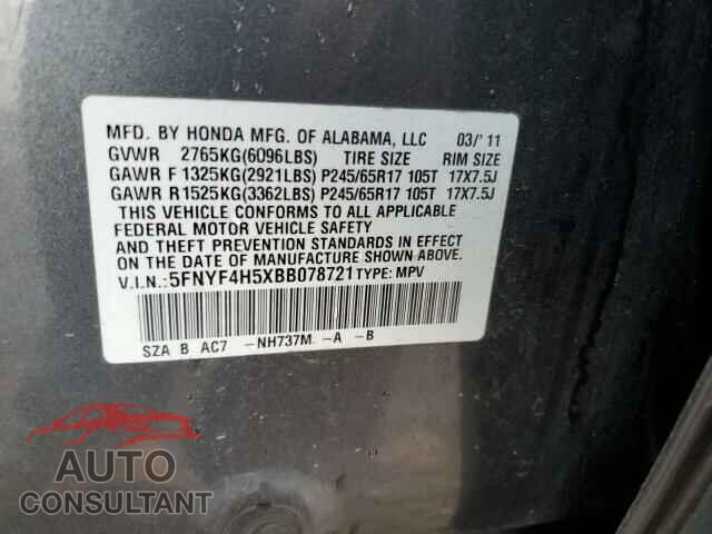 HONDA PILOT 2011 - 5FNYF4H5XBB078721