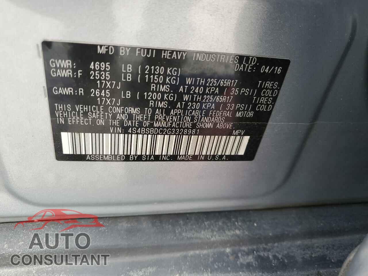 SUBARU OUTBACK 2016 - 4S4BSBDC2G3328981