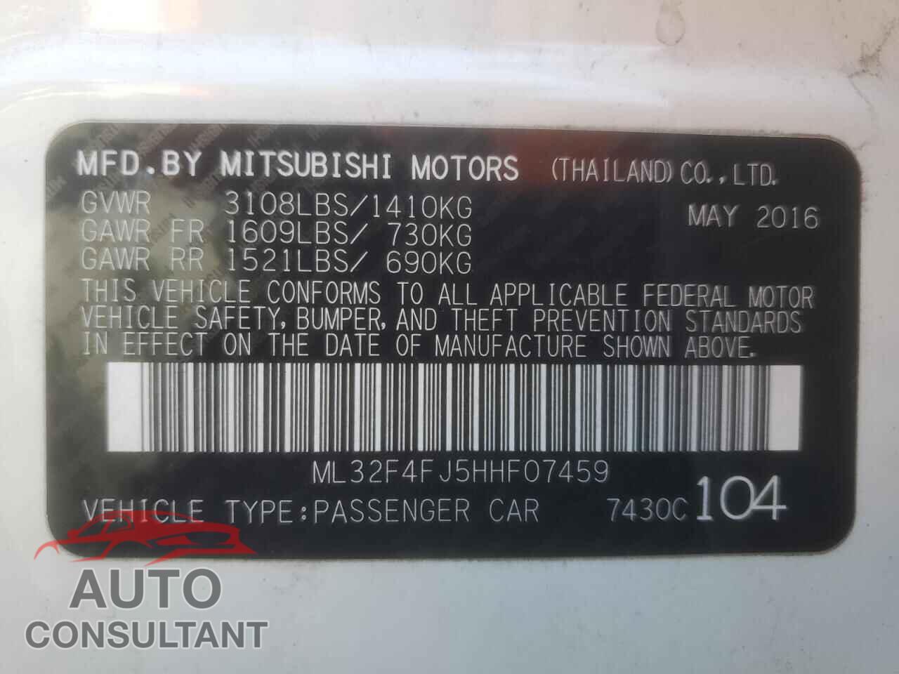 MITSUBISHI MIRAGE 2017 - ML32F4FJ5HHF07459