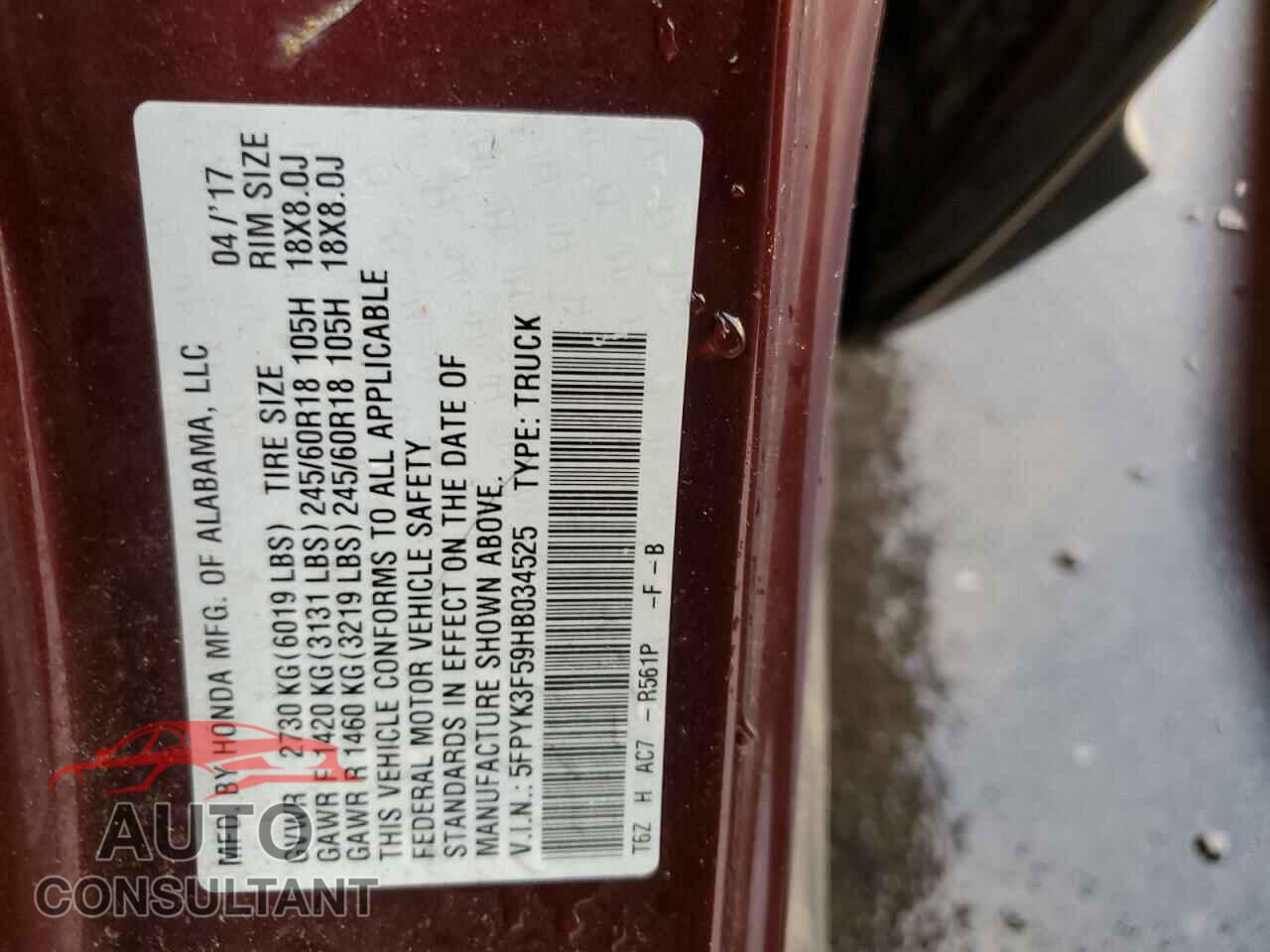 HONDA RIDGELINE 2017 - 5FPYK3F59HB034525