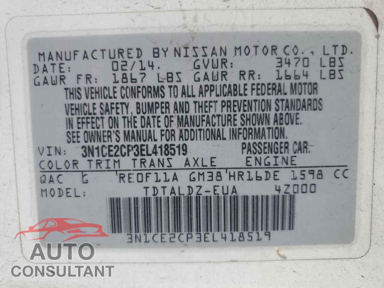 NISSAN VERSA 2014 - 3N1CE2CP3EL418519