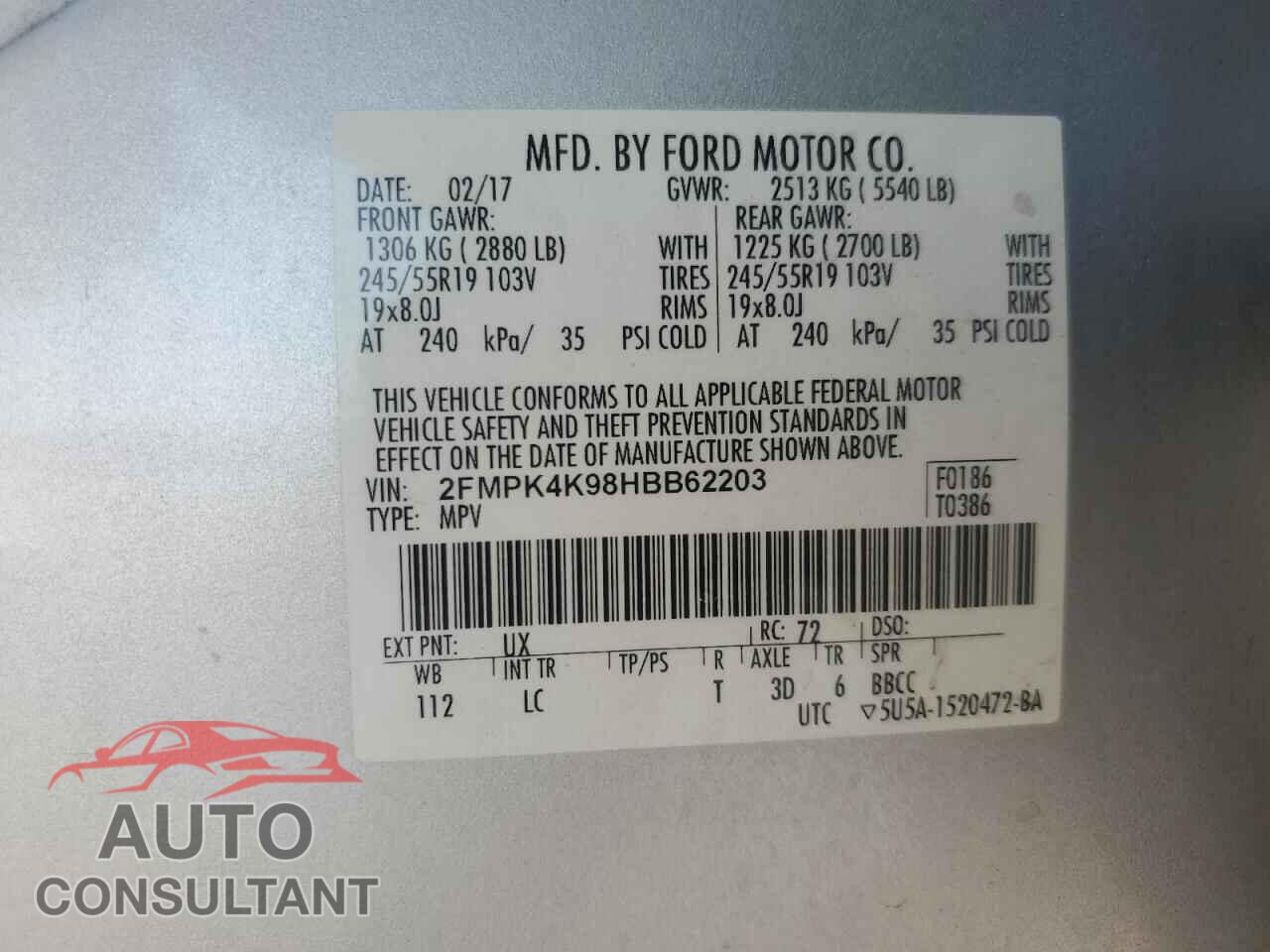 FORD EDGE 2017 - 2FMPK4K98HBB62203