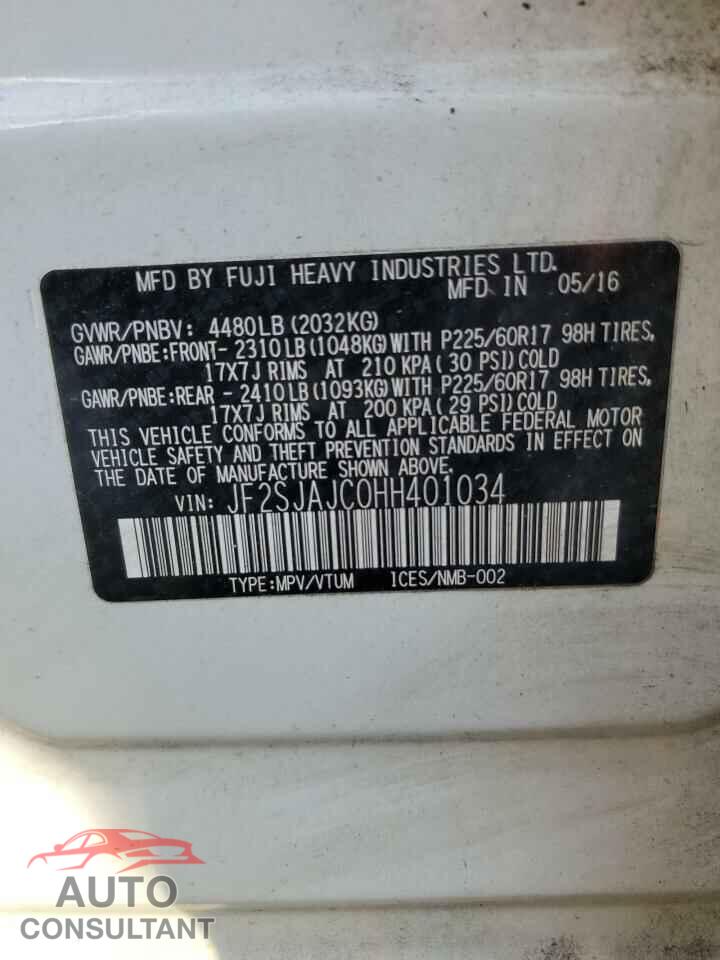 SUBARU FORESTER 2017 - JF2SJAJC0HH401034