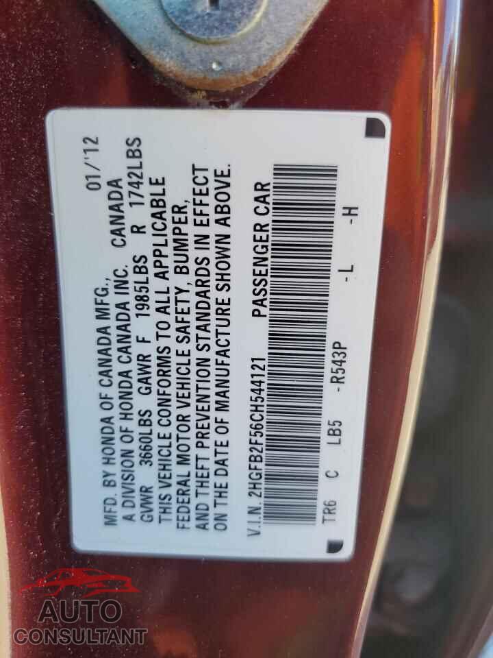 HONDA CIVIC 2012 - 2HGFB2F56CH544121