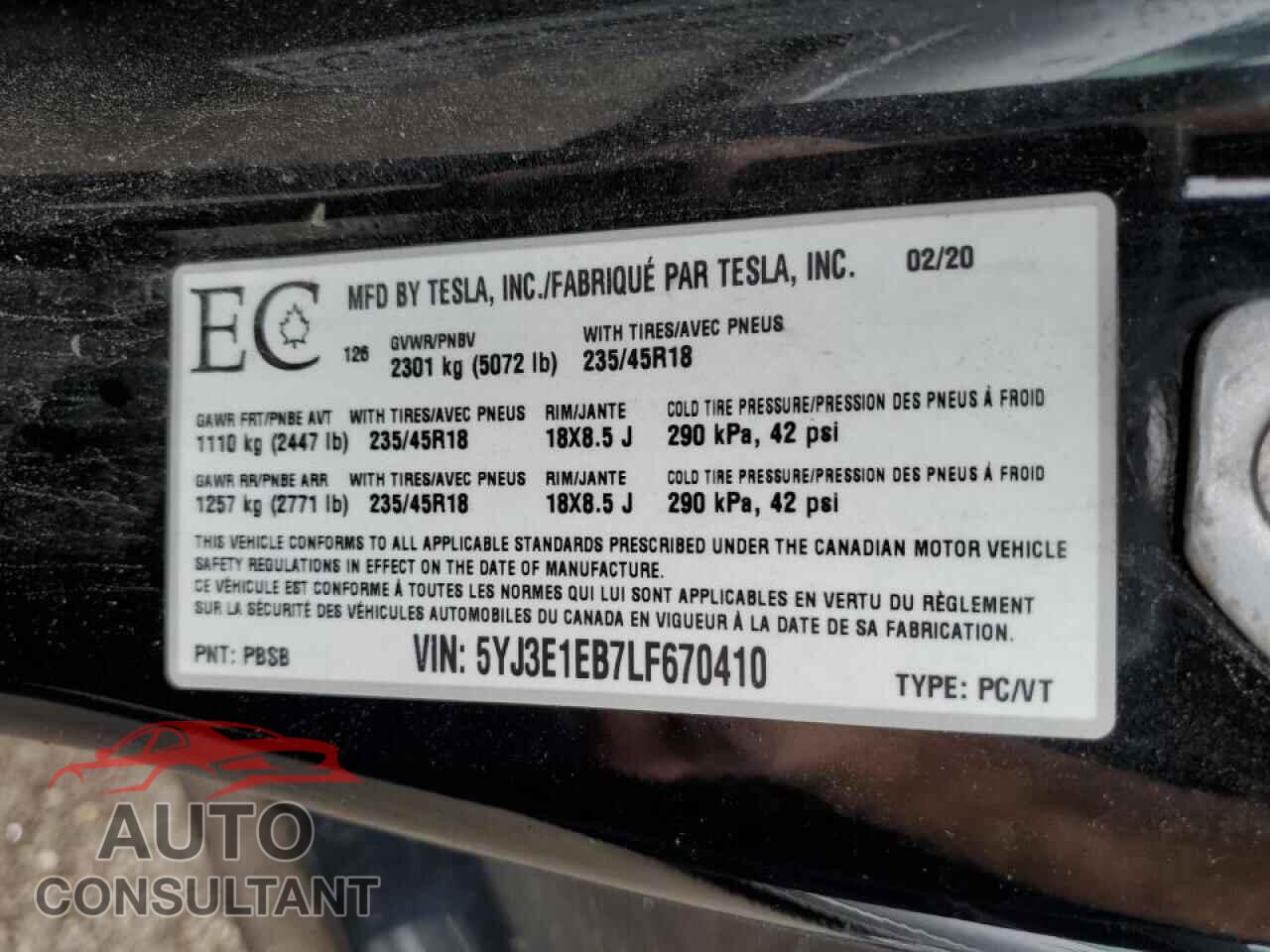 TESLA MODEL 3 2020 - 5YJ3E1EB7LF670410