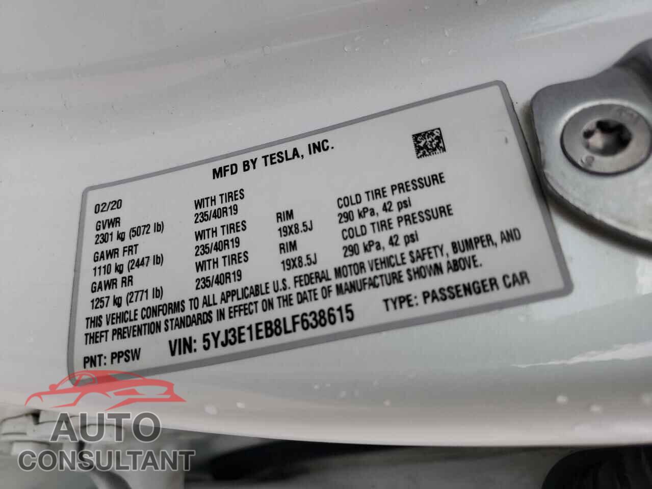 TESLA MODEL 3 2020 - 5YJ3E1EB8LF638615