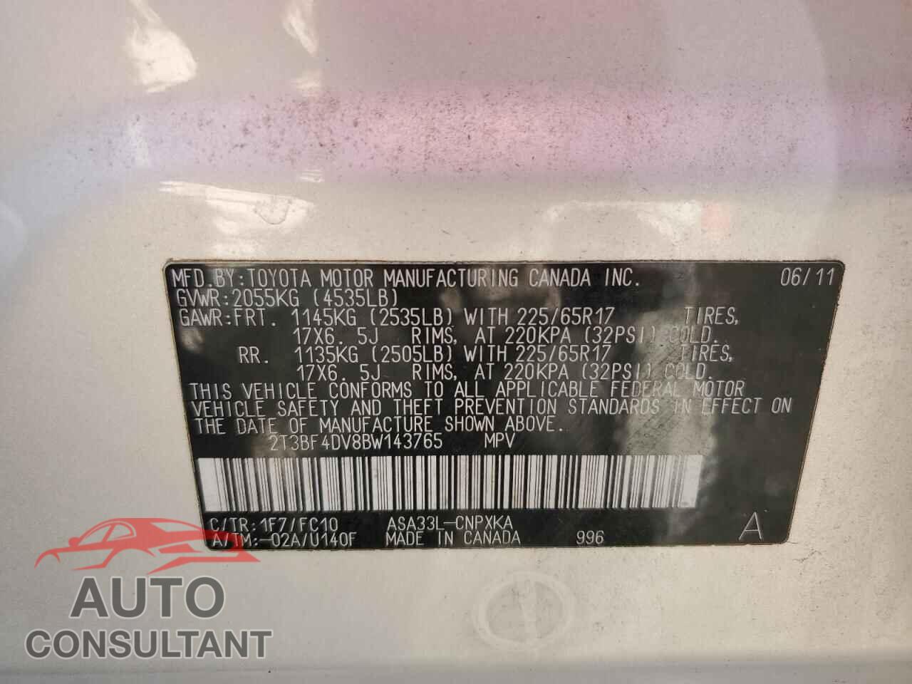 TOYOTA RAV4 2011 - 2T3BF4DV8BW143765