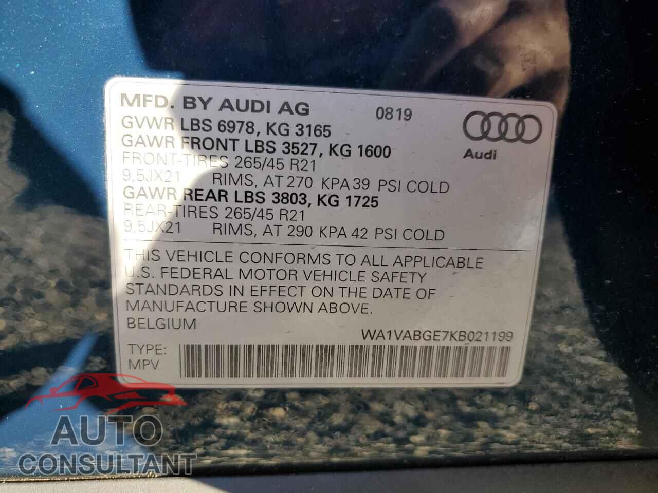 AUDI E-TRON 2019 - WA1VABGE7KB021199