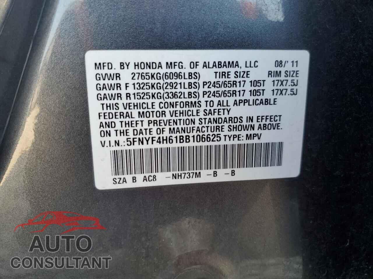 HONDA PILOT 2011 - 5FNYF4H61BB106625