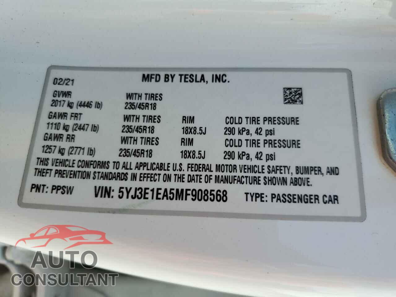TESLA MODEL 3 2021 - 5YJ3E1EA5MF908568