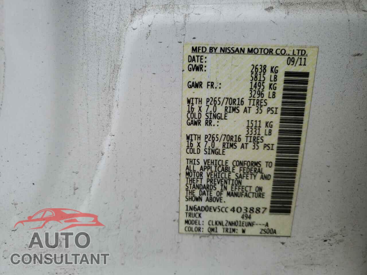NISSAN FRONTIER 2012 - 1N6AD0EV5CC403887