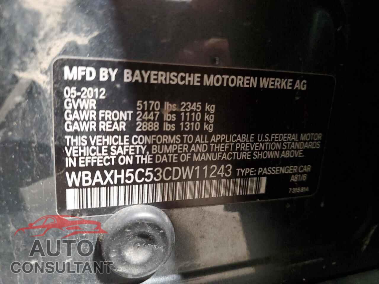 BMW 5 SERIES 2012 - WBAXH5C53CDW11243