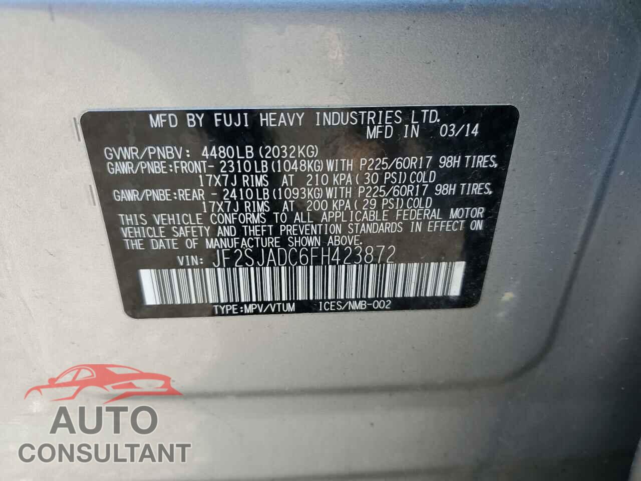 SUBARU FORESTER 2015 - JF2SJADC6FH423872