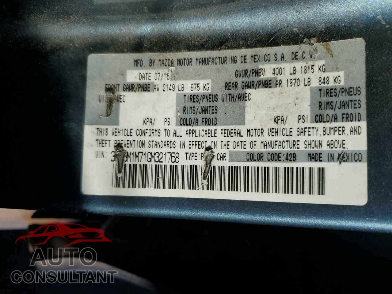 MAZDA 3 2016 - 3MZBM1M71GM321768