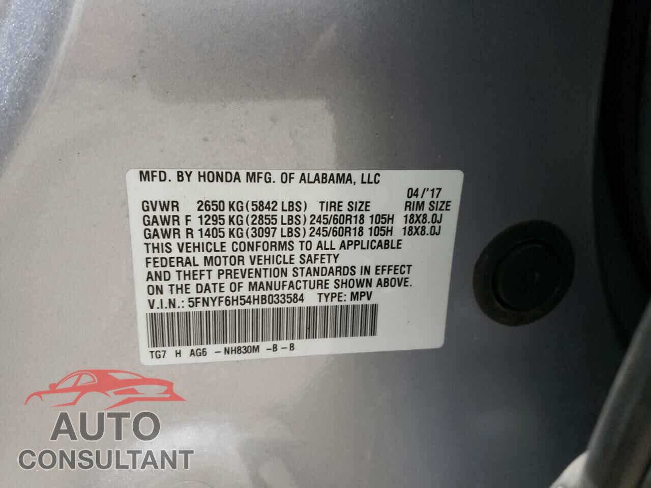 HONDA PILOT 2017 - 5FNYF6H54HB033584
