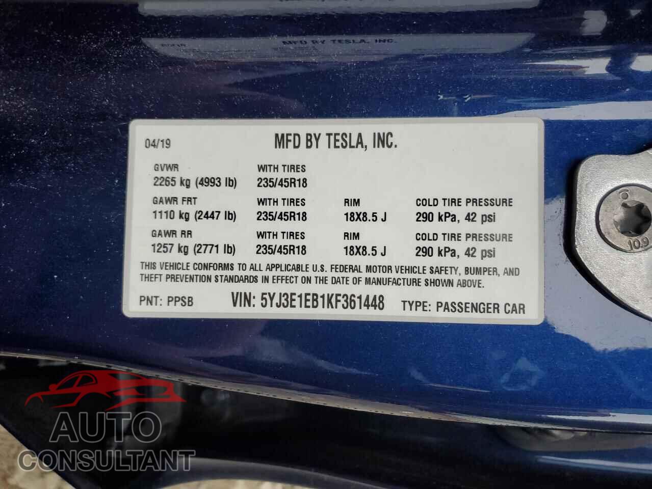 TESLA MODEL 3 2019 - 5YJ3E1EB1KF361448
