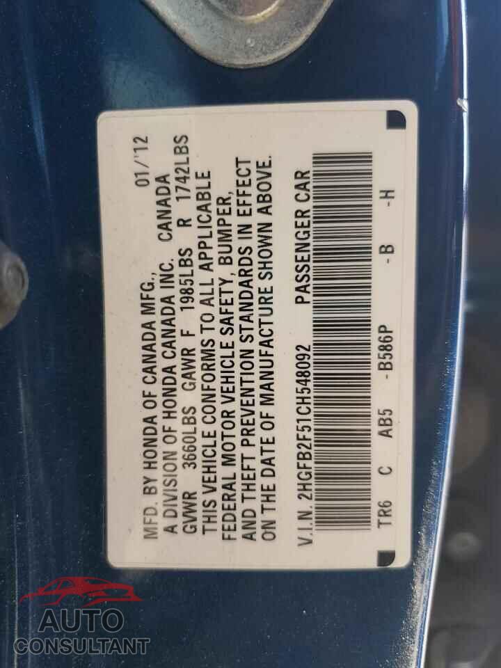 HONDA CIVIC 2012 - 2HGFB2F51CH548092