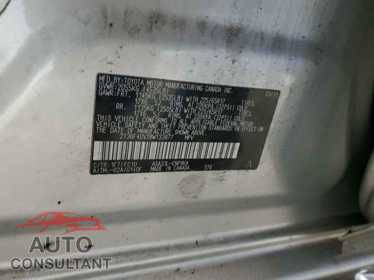 TOYOTA RAV4 2011 - 2T3BF4DV2BW133877