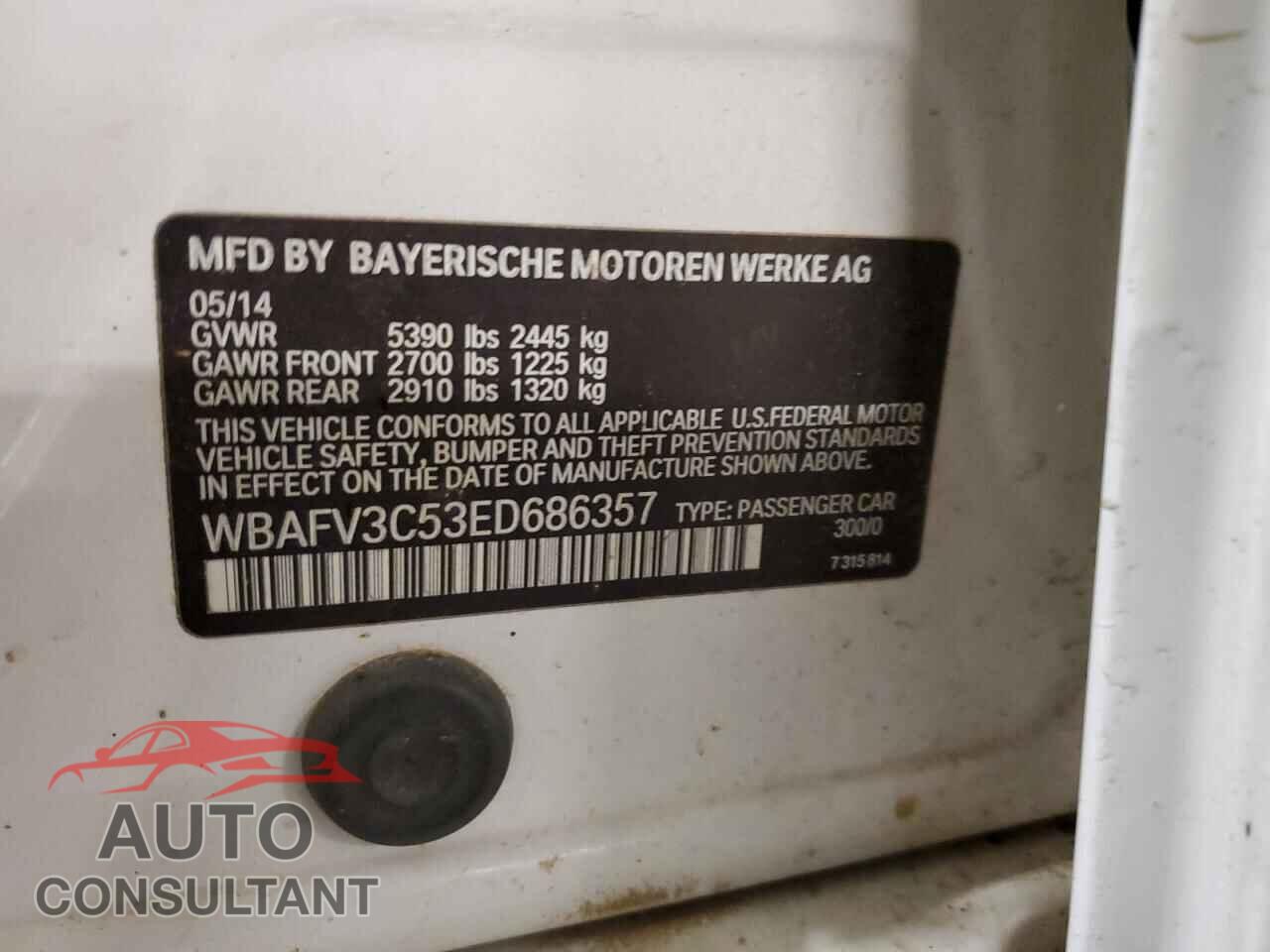 BMW 5 SERIES 2014 - WBAFV3C53ED686357