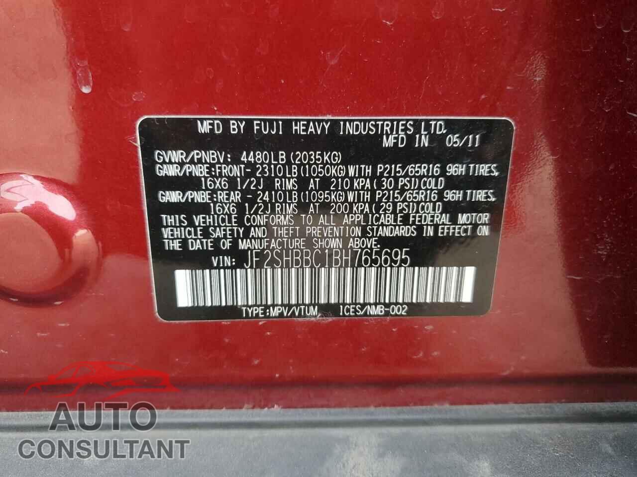 SUBARU FORESTER 2011 - JF2SHBBC1BH765695