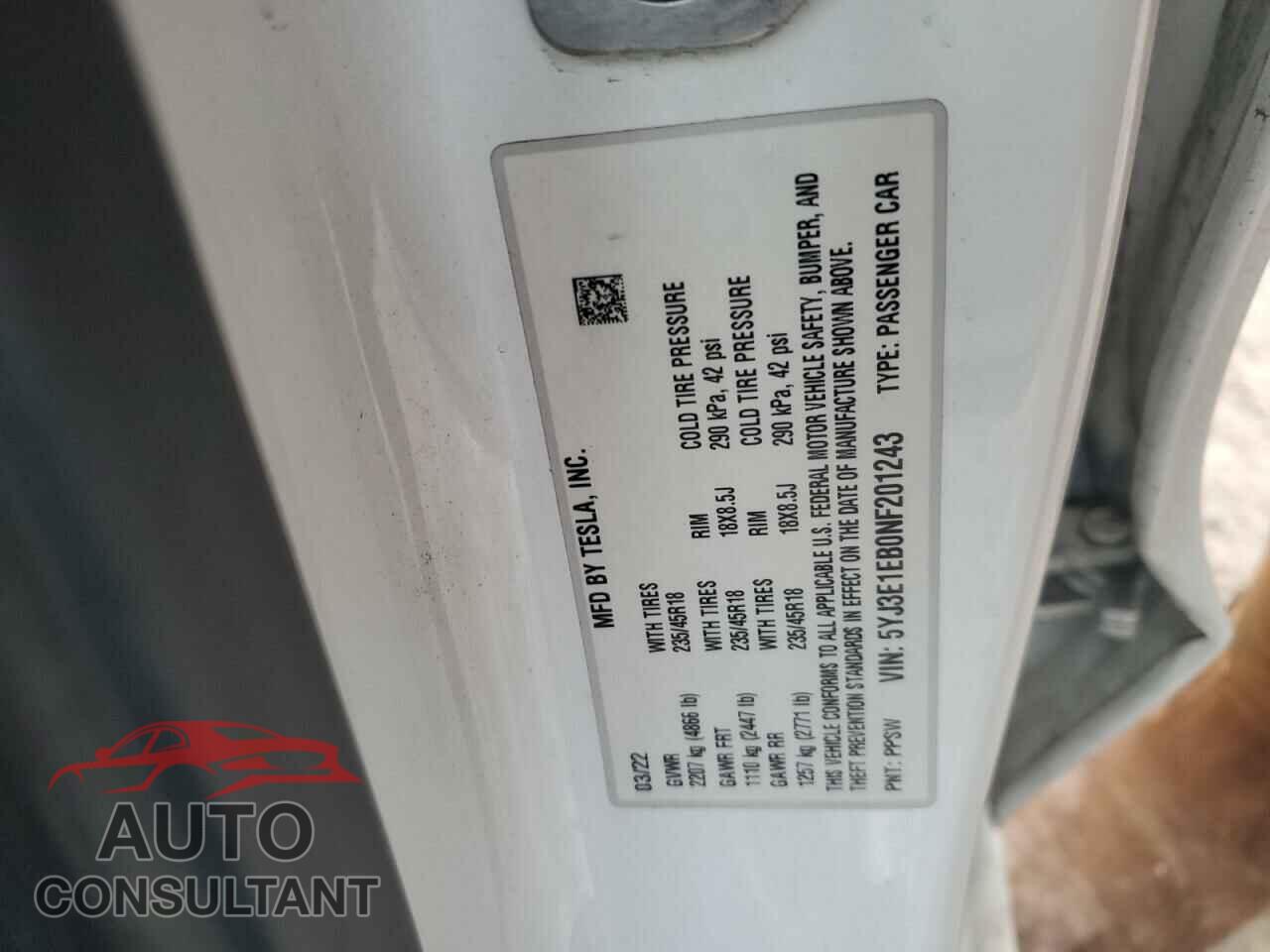 TESLA MODEL 3 2022 - 5YJ3E1EB0NF201243