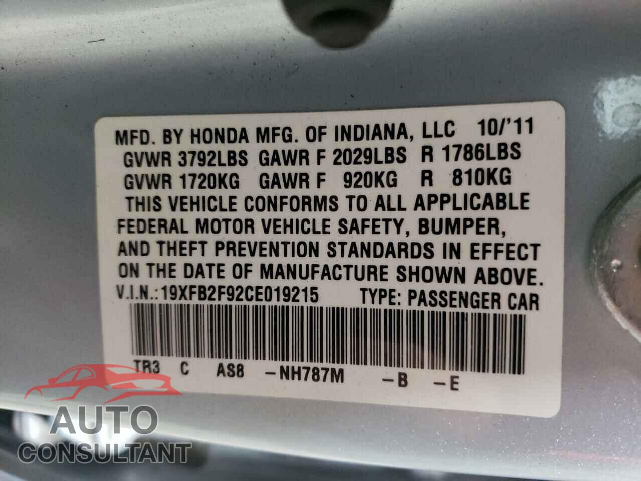HONDA CIVIC 2012 - 19XFB2F92CE019215