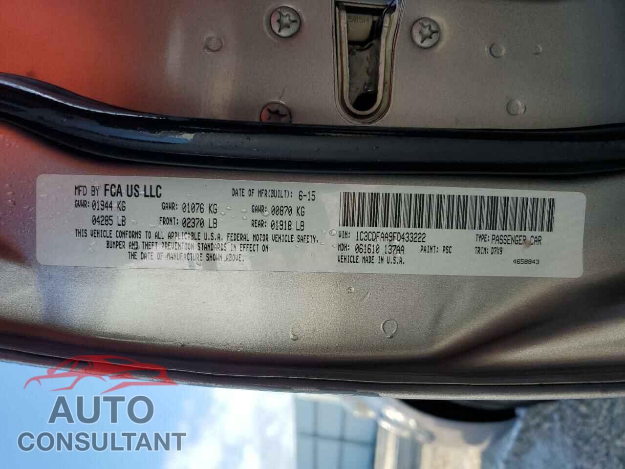 DODGE DART 2015 - 1C3CDFAA9FD433222