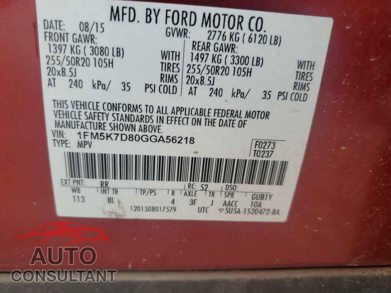 FORD EXPLORER 2016 - 1FM5K7D80GGA56218