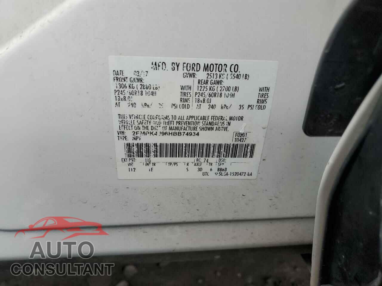 FORD EDGE 2017 - 2FMPK4J96HBB74934
