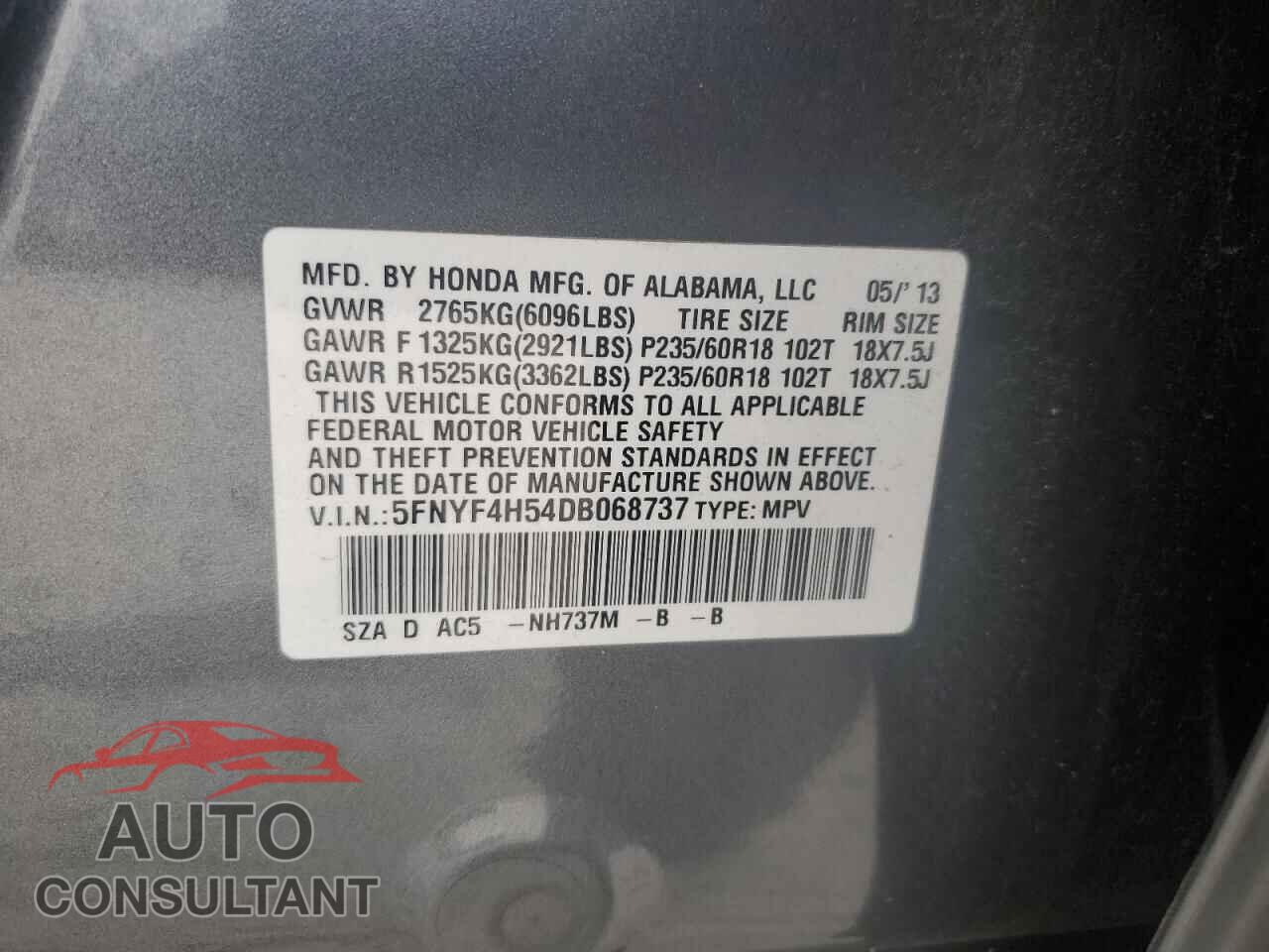 HONDA PILOT 2013 - 5FNYF4H54DB068737