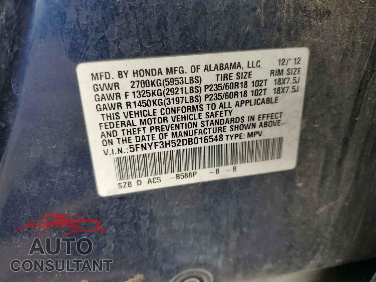 HONDA PILOT 2013 - 5FNYF3H52DB016548