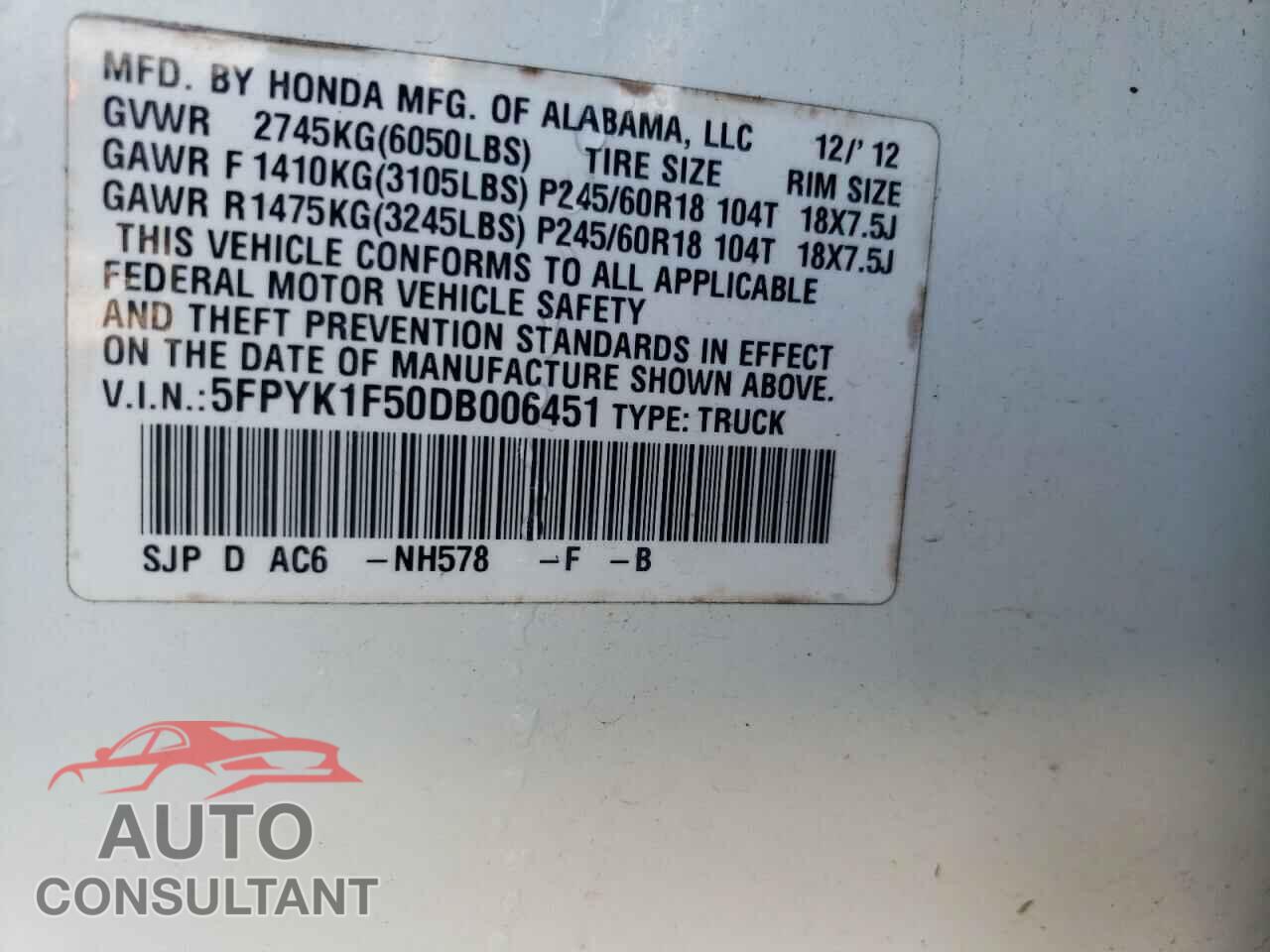 HONDA RIDGELINE 2013 - 5FPYK1F50DB006451